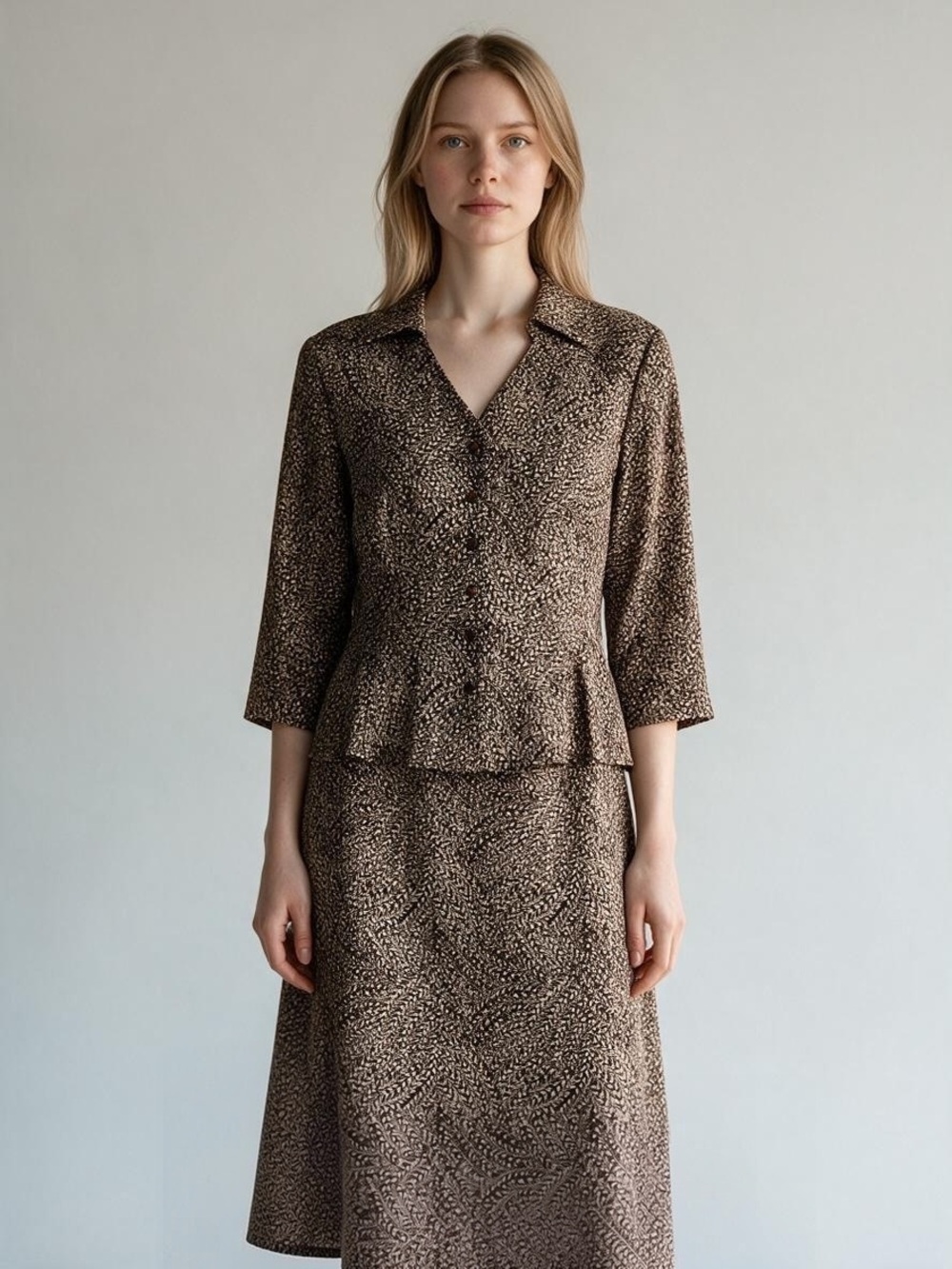 2 Piece Brown Printed A-Line Women's Skirt and Blouse